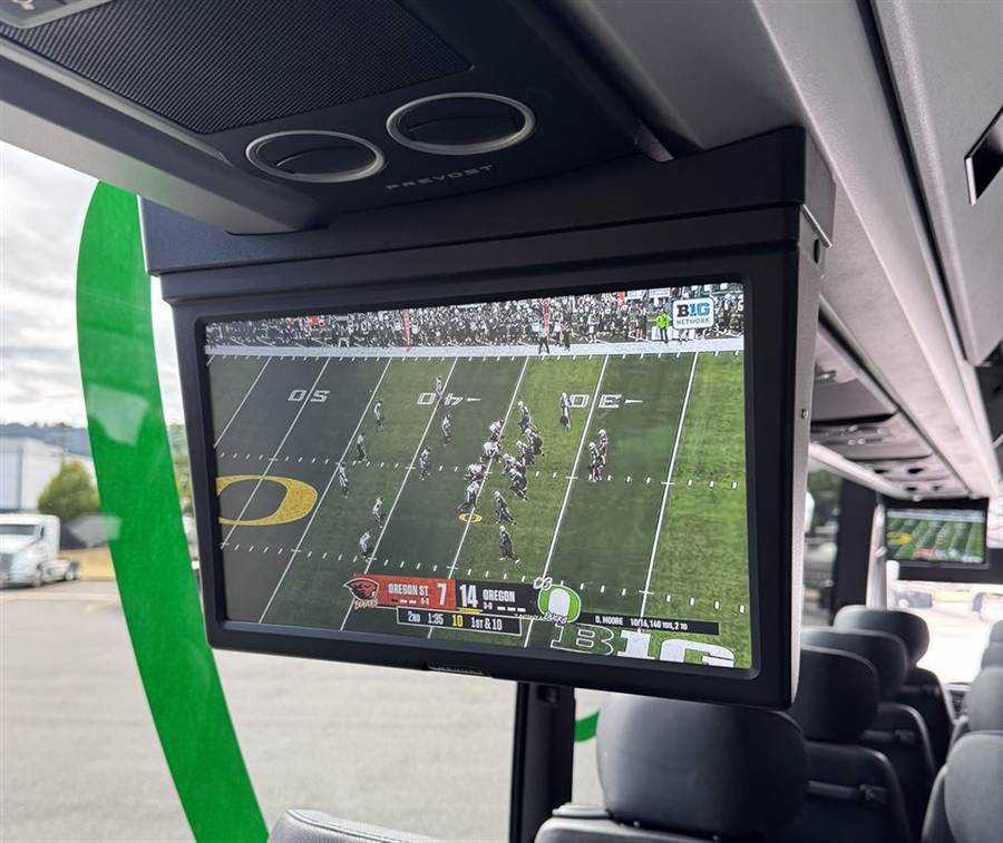 On-board TVs showing the Oregon game