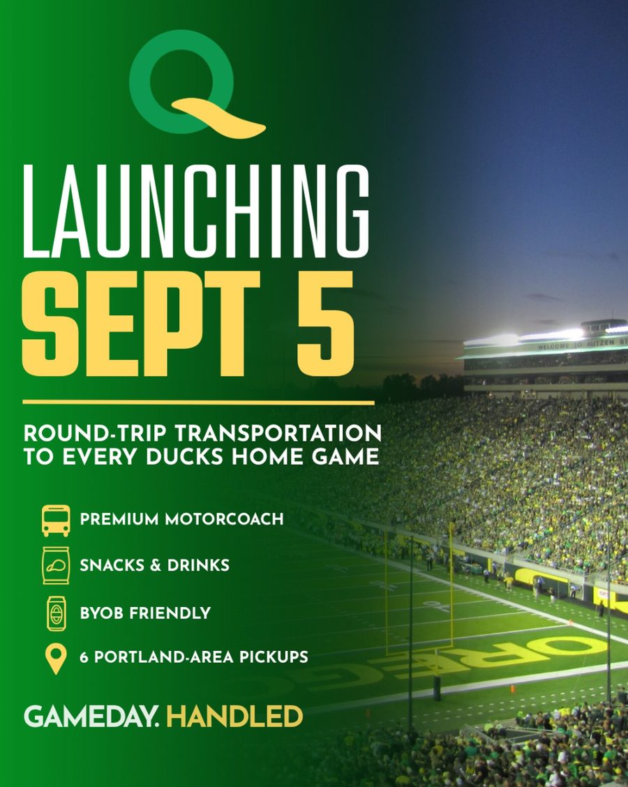 Launching September 5 — round-trip transportation to every Ducks home game, premium motorcoach, snacks and drinks, BYOB friendly, six Portland-area pickups